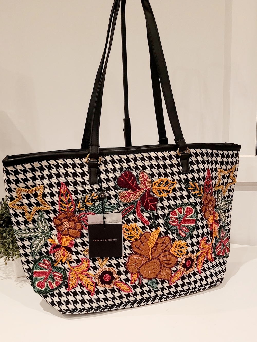 America & Beyond Houndstooth Floral Beaded Tote